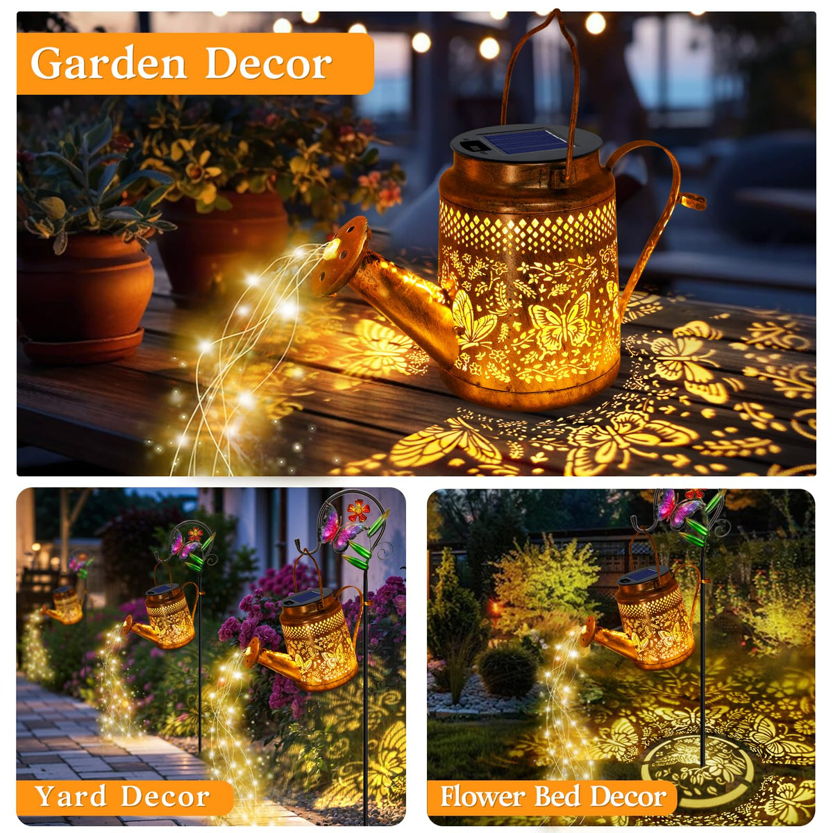 YJFWAL solar watering can lights hanging on shepherd hook for dusk ambiance