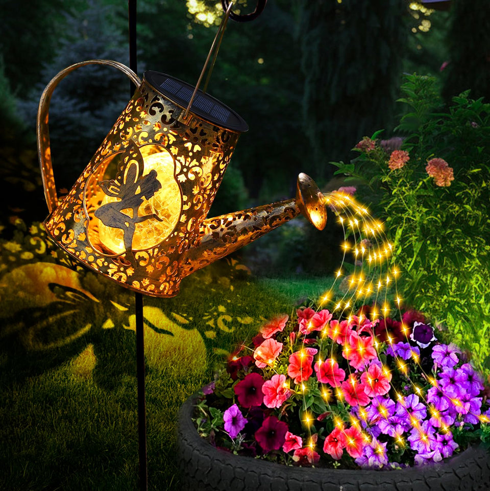 YJFWAL solar watering can lights hanging display creates magical outdoor ambience