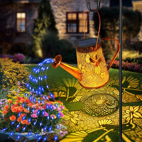 YJFWAL solar watering can lights brighten patios with glittering LED streams at night.