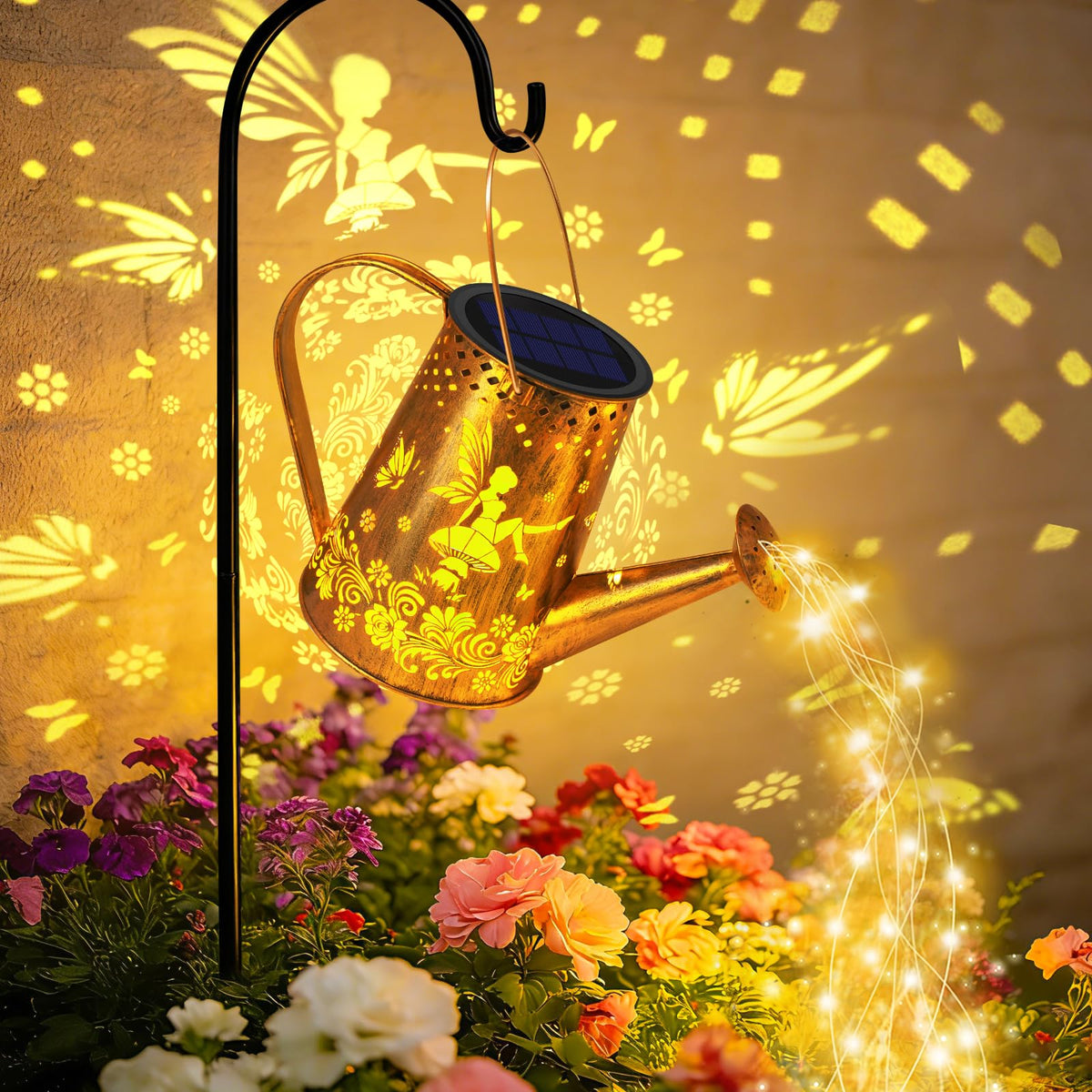 YJFWAL solar watering can with lights enhances garden decor with cascading warm LEDs.