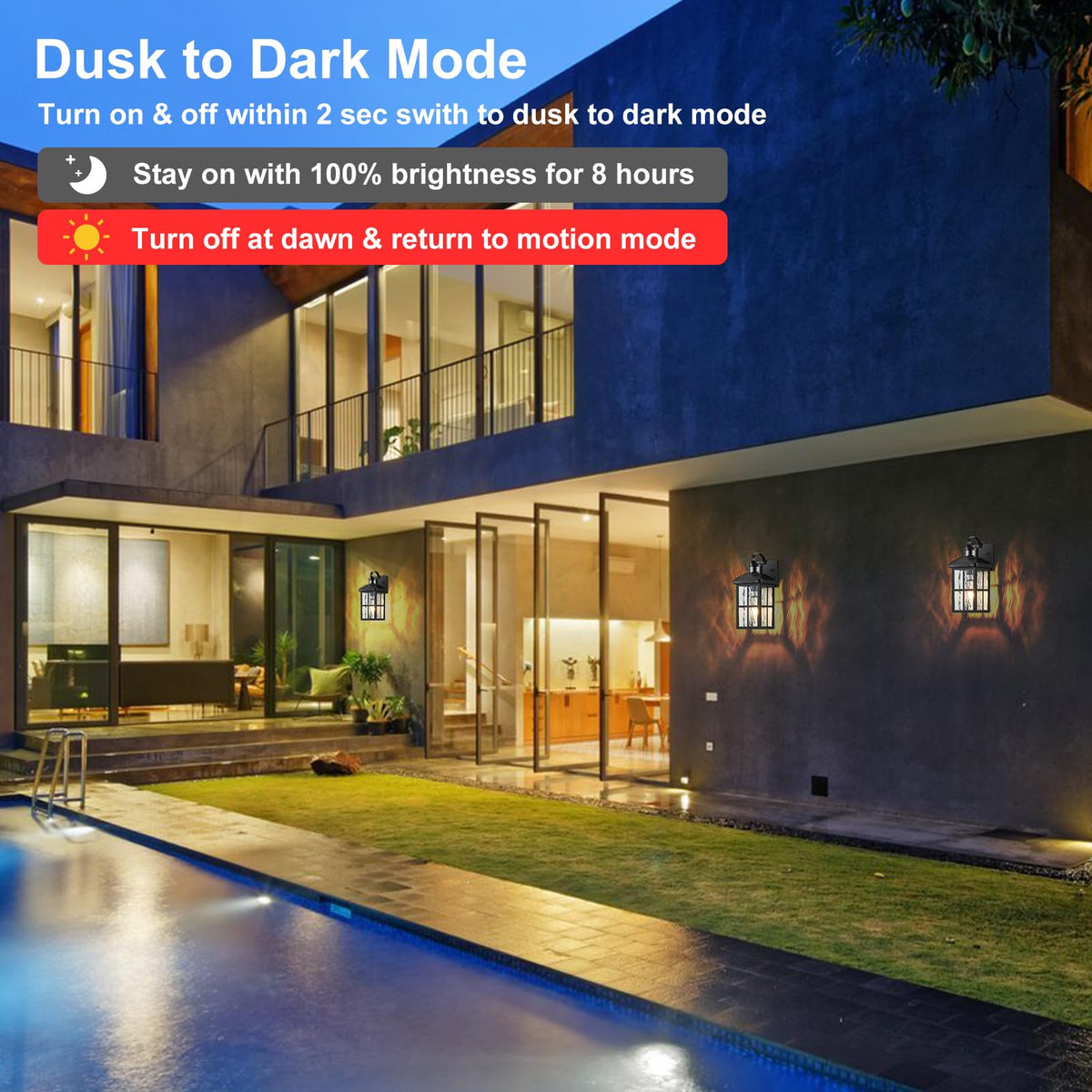 YJXGDIL dusk-to-dawn mode illuminates entryways while saving energy.