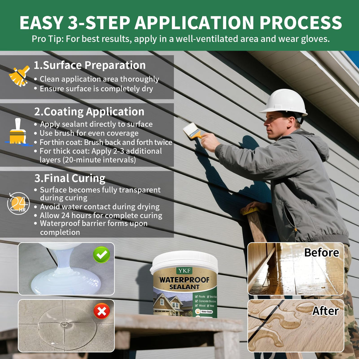 YKF sealant application on roof achieves weather-ready protection with invisible finish.