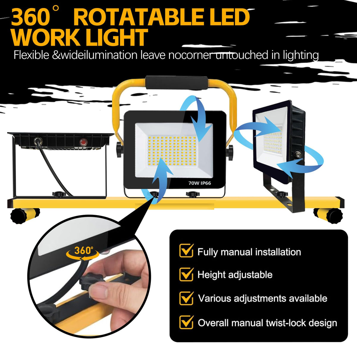 YKXJM 360-degree rotation heads for precise lighting.