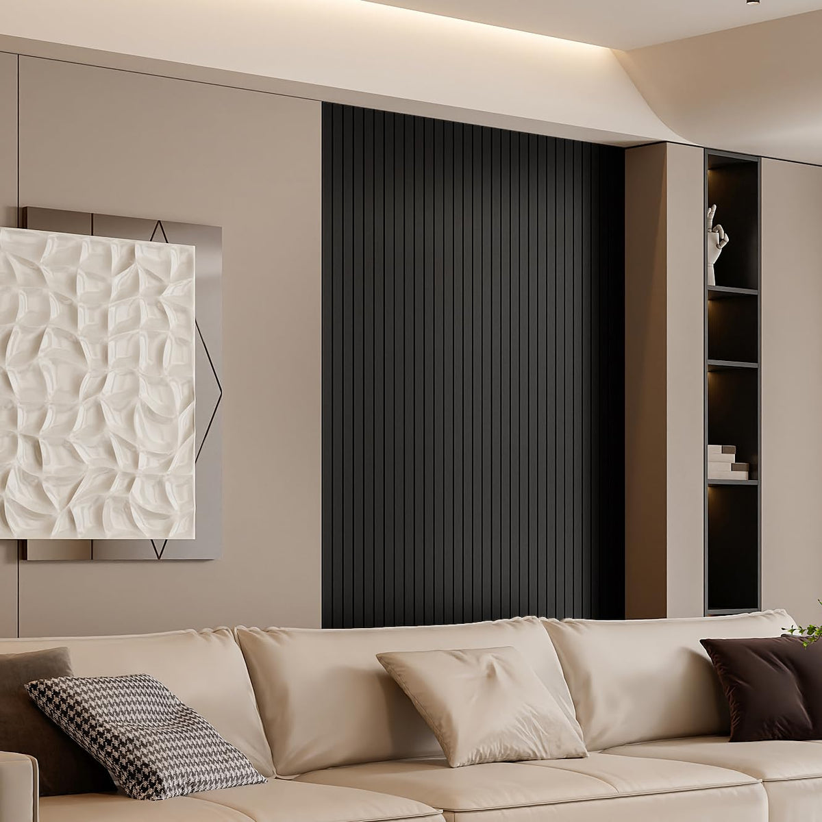 YLL YLL 3D wood grain slat panel adds depth for a modern living space.