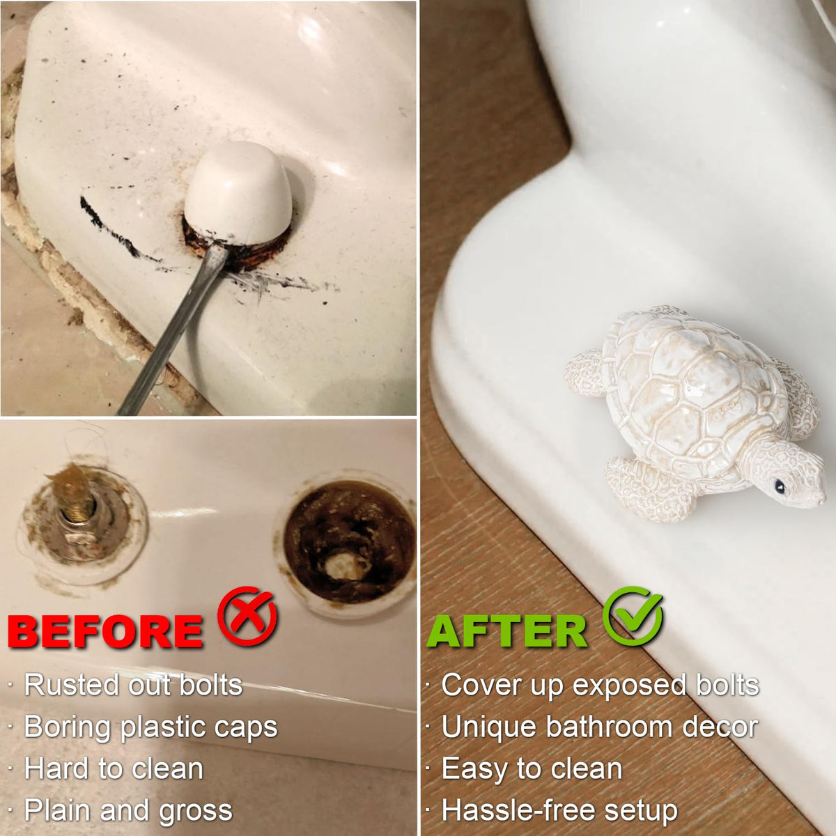 YLOVAN turtle toilet bolt cover white side view hides bolts for a cleaner look.