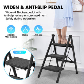 YLWSHRNT 3-step ladder anti-slip pedals for secure footing.