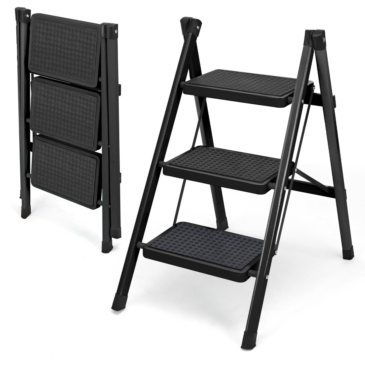 YLWSHRNT 3-step ladder folded compact for easy storage.