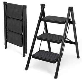 YLWSHRNT 3-step ladder folded compact for easy storage.