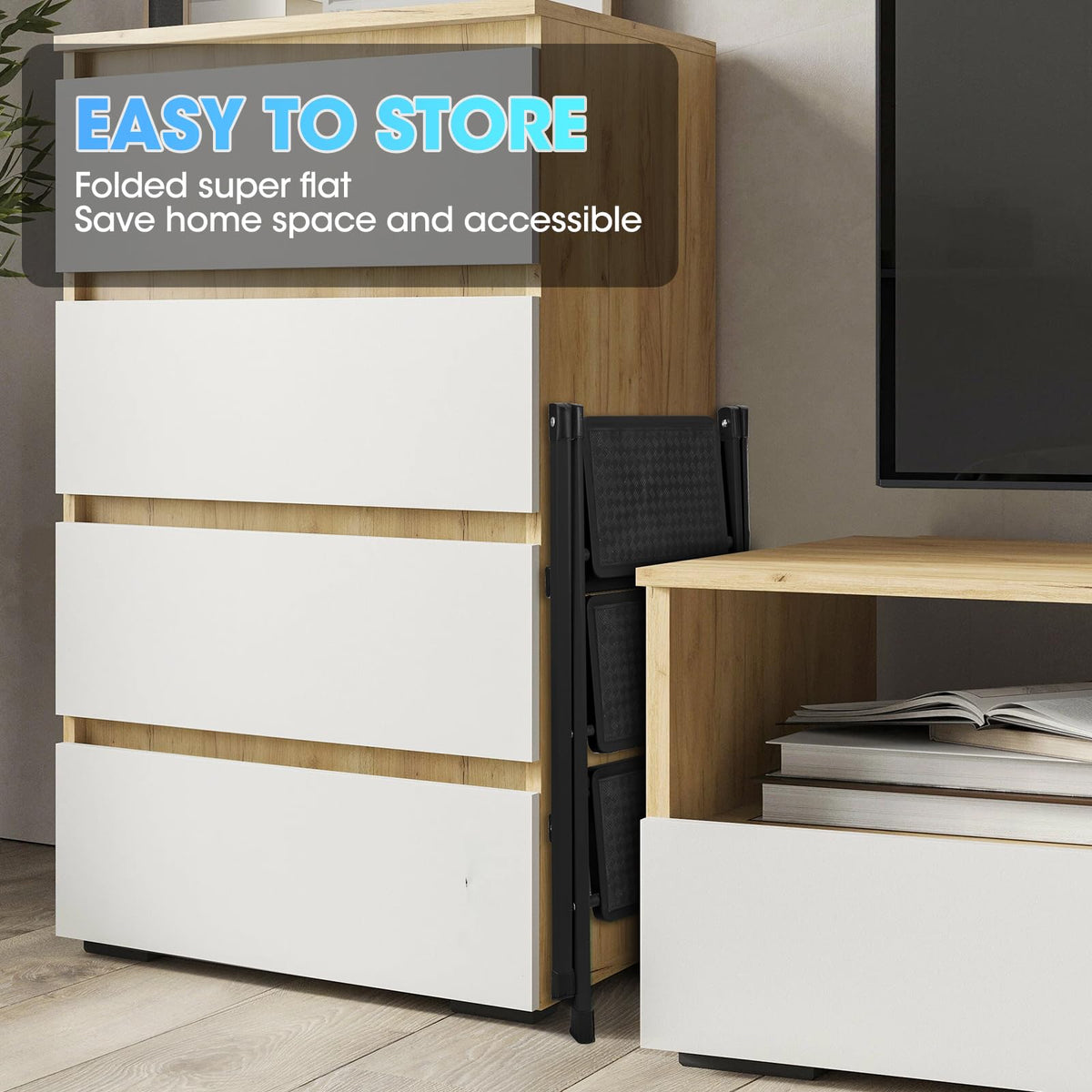YLWSHRNT 3-step ladder lightweight design for easy portability.