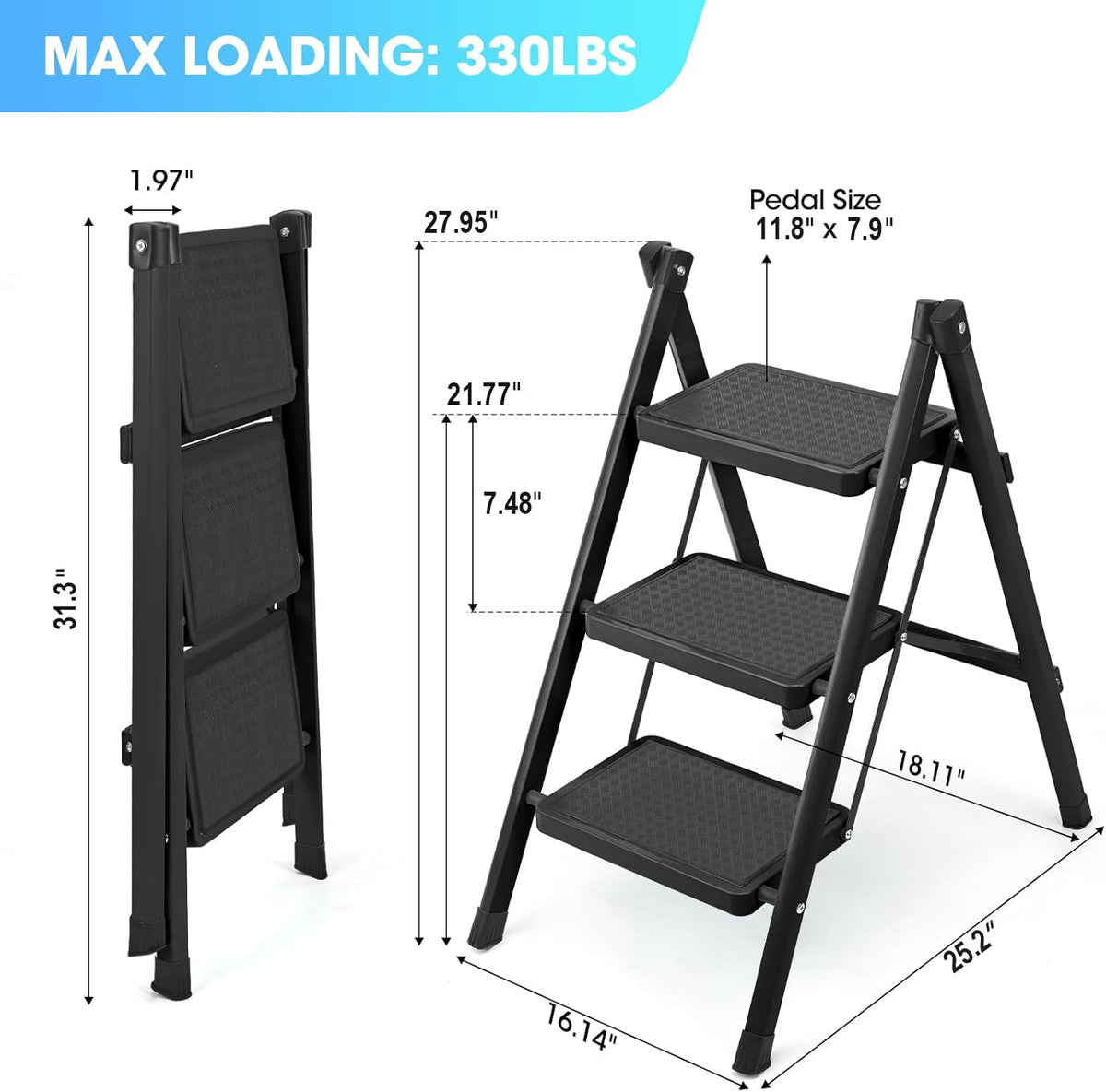 YLWSHRNT 3-step ladder open in use for reaching high cabinets.