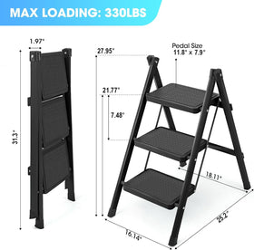 YLWSHRNT 3-step ladder open in use for reaching high cabinets.