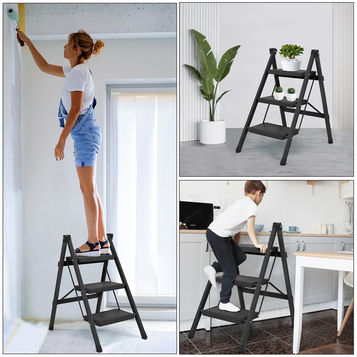 YLWSHRNT 3-step ladder storage-friendly design fits small spaces.