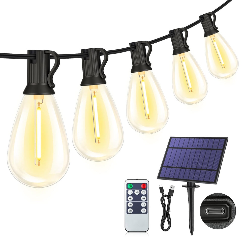 YLXS 25ft solar string lights with remote glow warmly for outdoor patios.