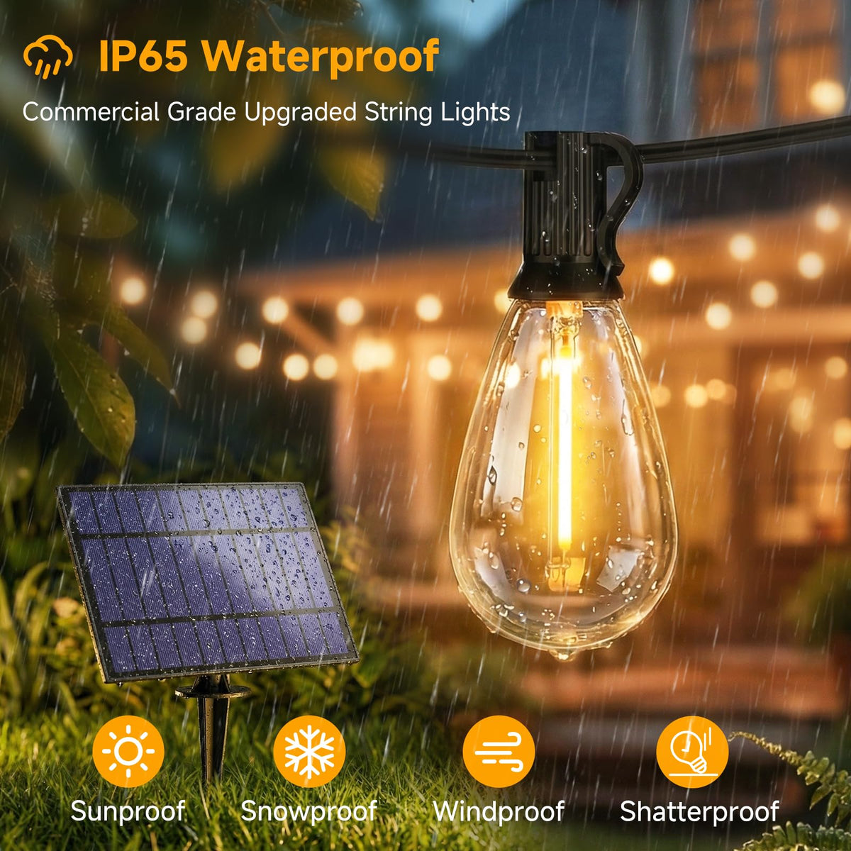 YLXS solar string lights are IP65 waterproof for all-weather use.