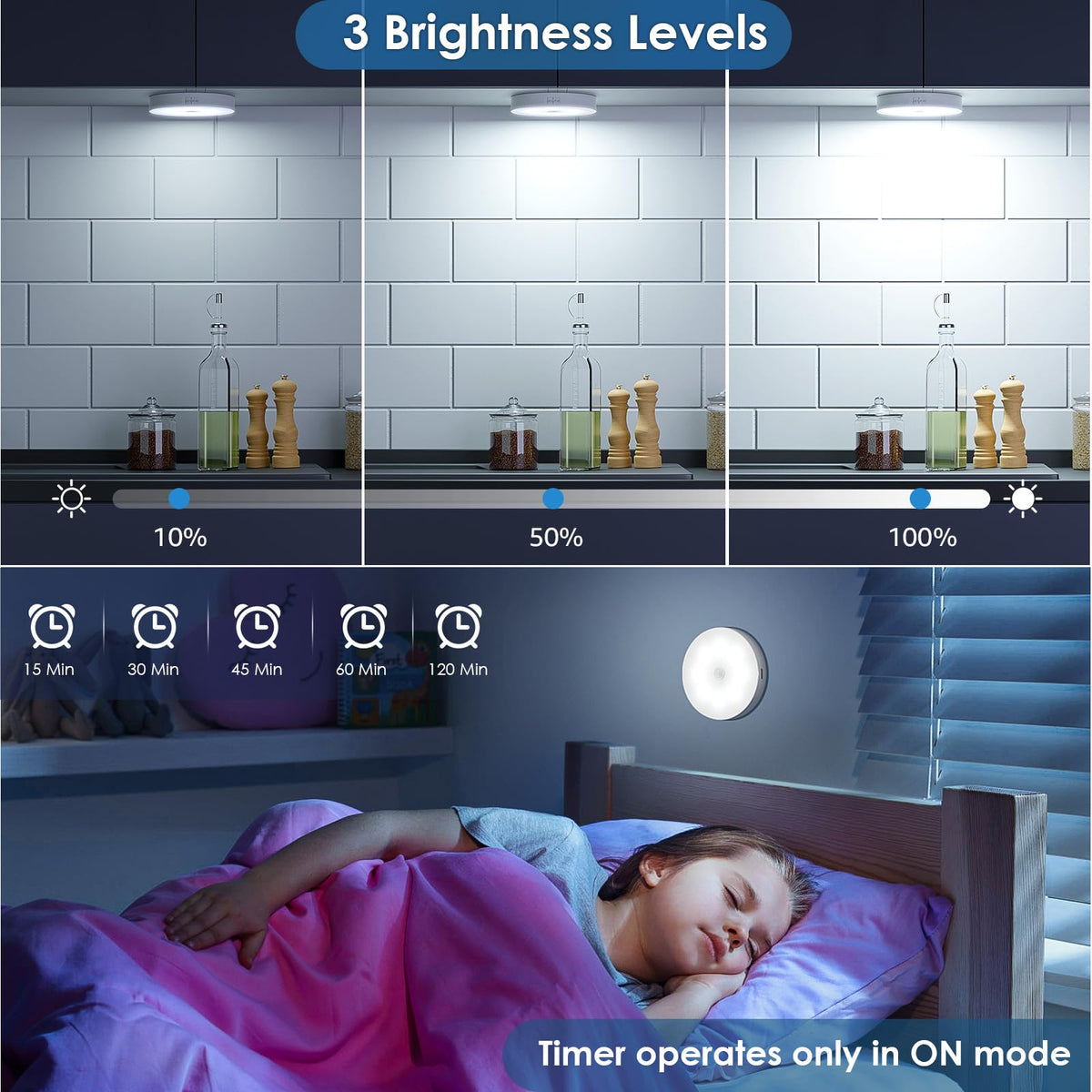 YLXS wireless dimmable under-cabinet light provides adjustable brightness.