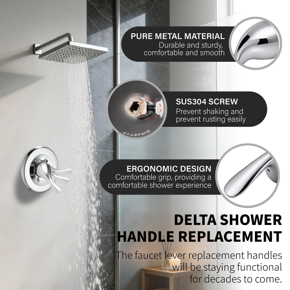 YMHOME chrome shower handle eliminates wobble for steadier temperature control.