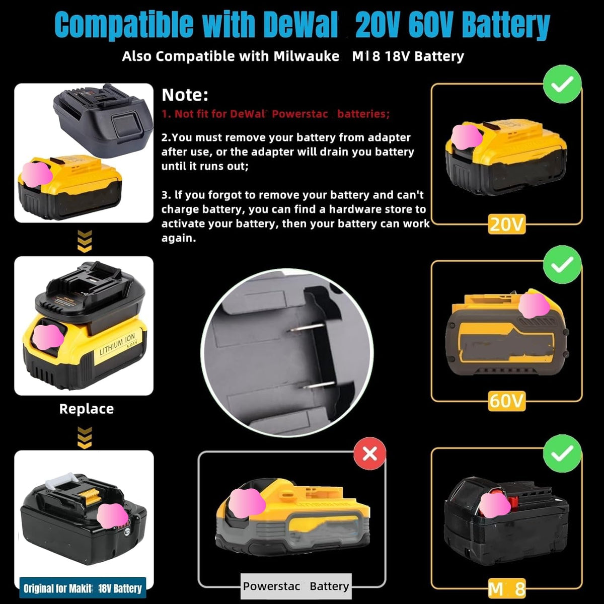 YMWLKJ DeWalt to Makita adapter side clip ensures firm battery fit.
