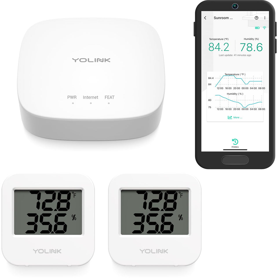 YoLink Smart Temp & Humidity Sensor long-range view for reliable room monitoring.