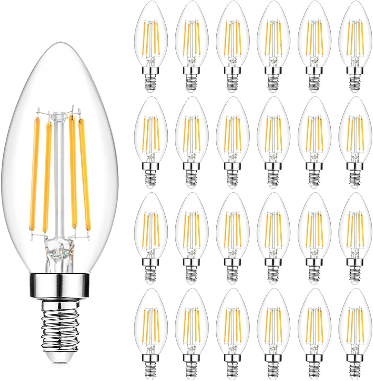 Yochoice 24-pack dimmable LED candle bulbs seen in front view creating warm ambience