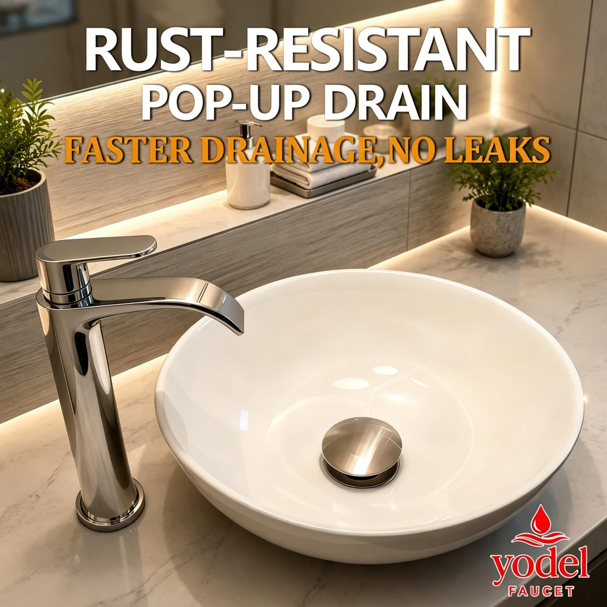 Yodel Faucet brushed nickel finish adds durable style to a bathroom sink
