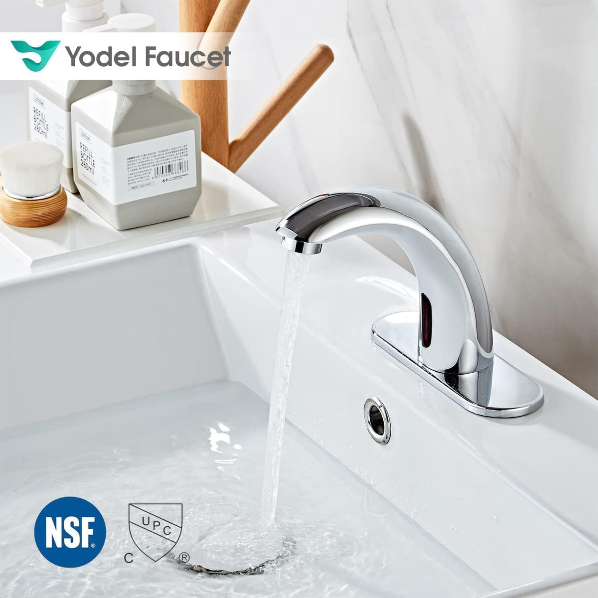 Yodel Faucet chrome water flow demo shows sensor-activated dispensing.
