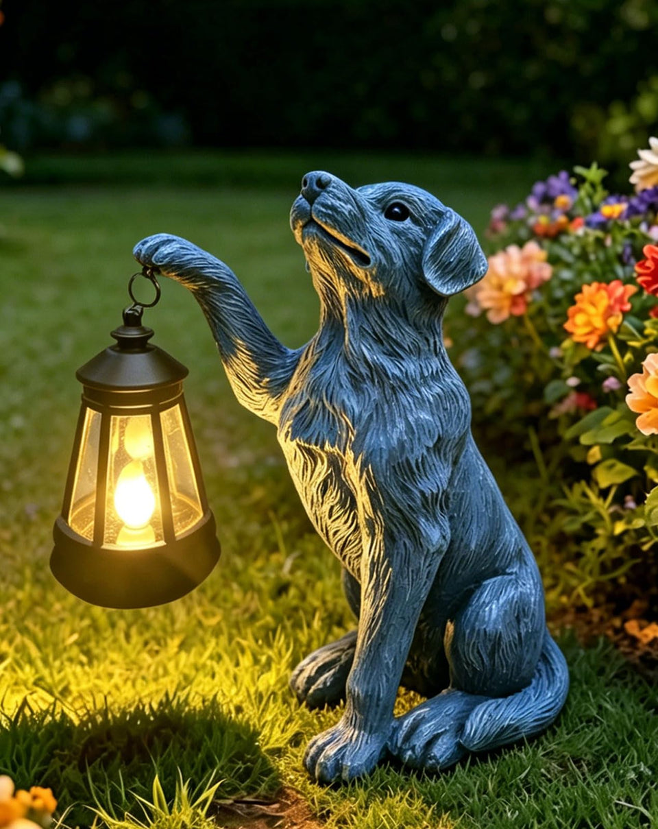 YODY dog statue with solar lantern on porch enhances curb appeal.
