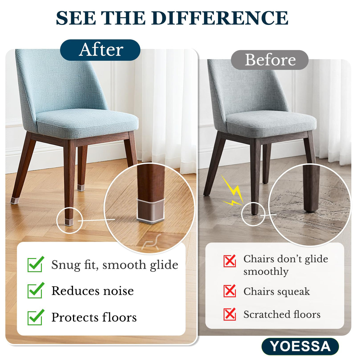 YOESSA square chair leg protectors close-up silicone edge ensures snug fit