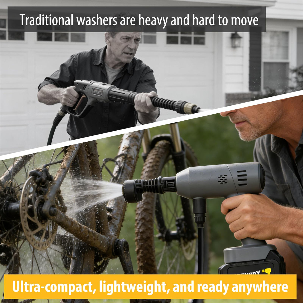 Portable cleaner in action, making car washing and patio cleaning simple