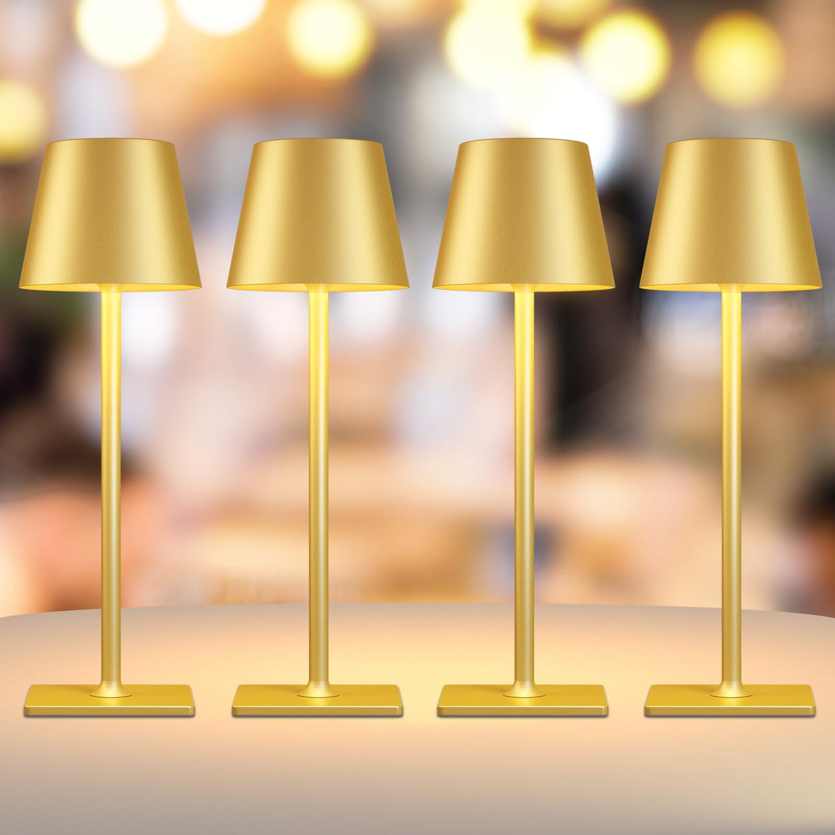 Yogaret 4-pack gold LED lamps on dining table providing warm ambiance