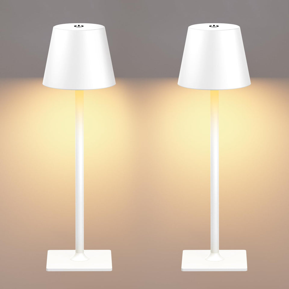 Yogaret White Cordless Table Lamp on patio, ambient outdoor dining.