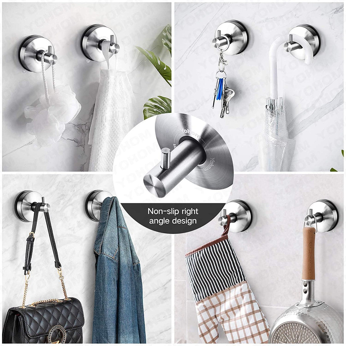 YOHOM hooks suitable for smooth, non-porous surfaces like glass and tile.