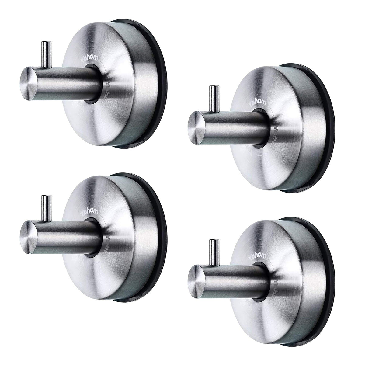 YOHOM vacuum suction hooks in brushed stainless steel on a bathroom surface for organization.