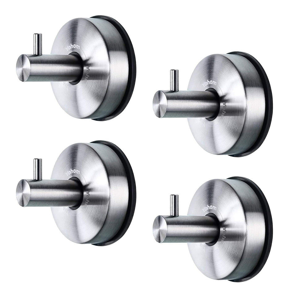 YOHOM vacuum suction hooks in brushed stainless steel on a bathroom surface for organization.