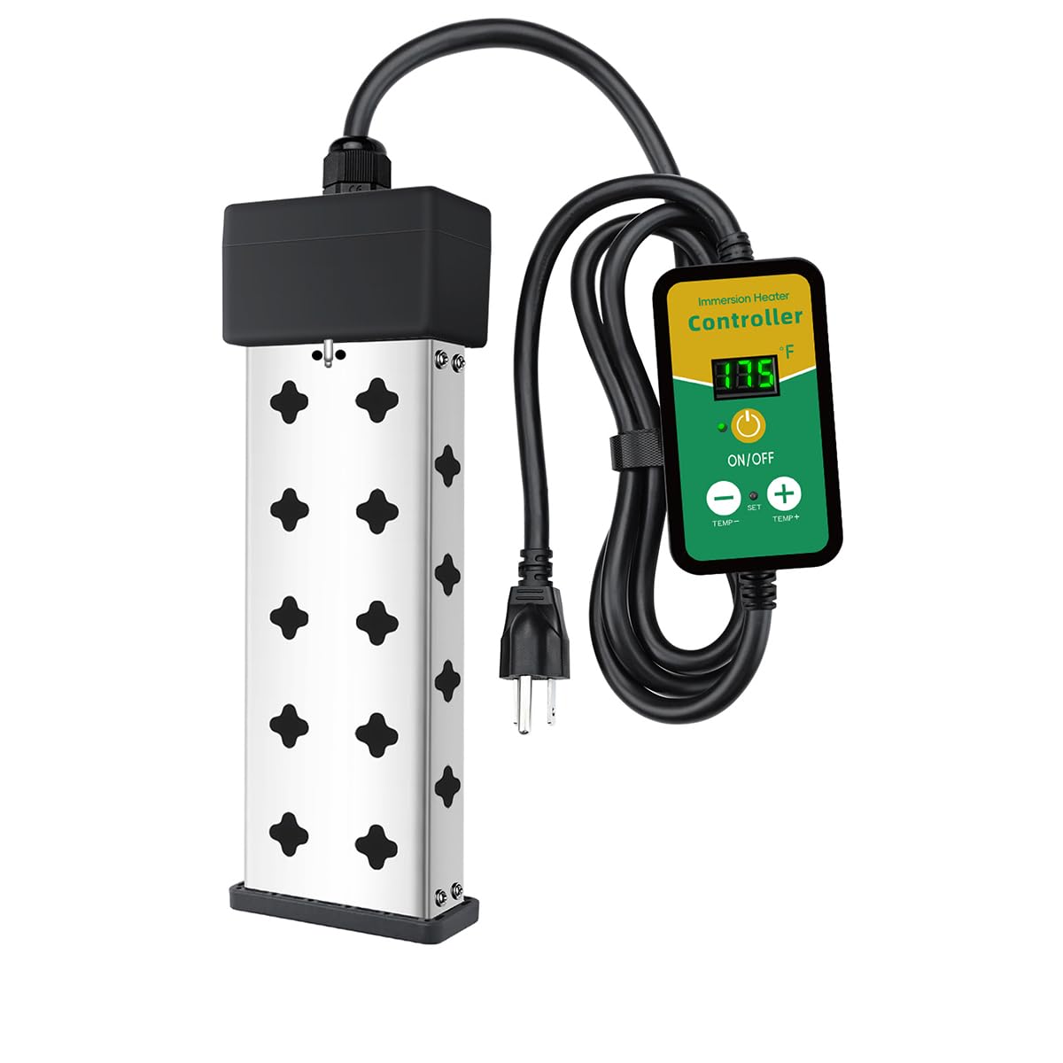 Yoisie immersion heater with digital thermostat for precise temperature control.