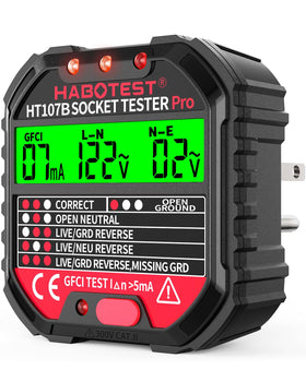 YOJOCK outlet tester with LCD display shows wiring status and voltage readout