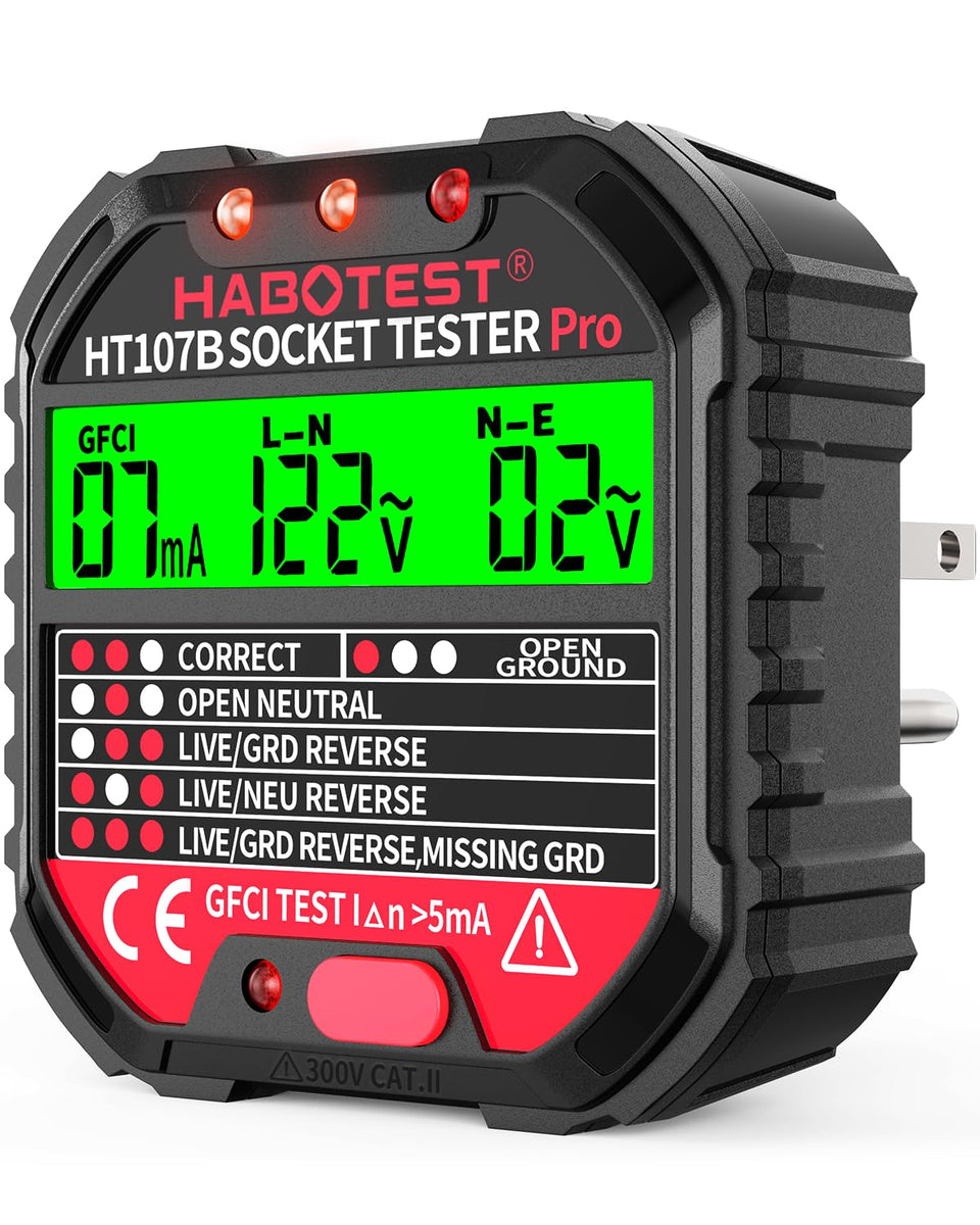 YOJOCK outlet tester with LCD display shows wiring status and voltage readout