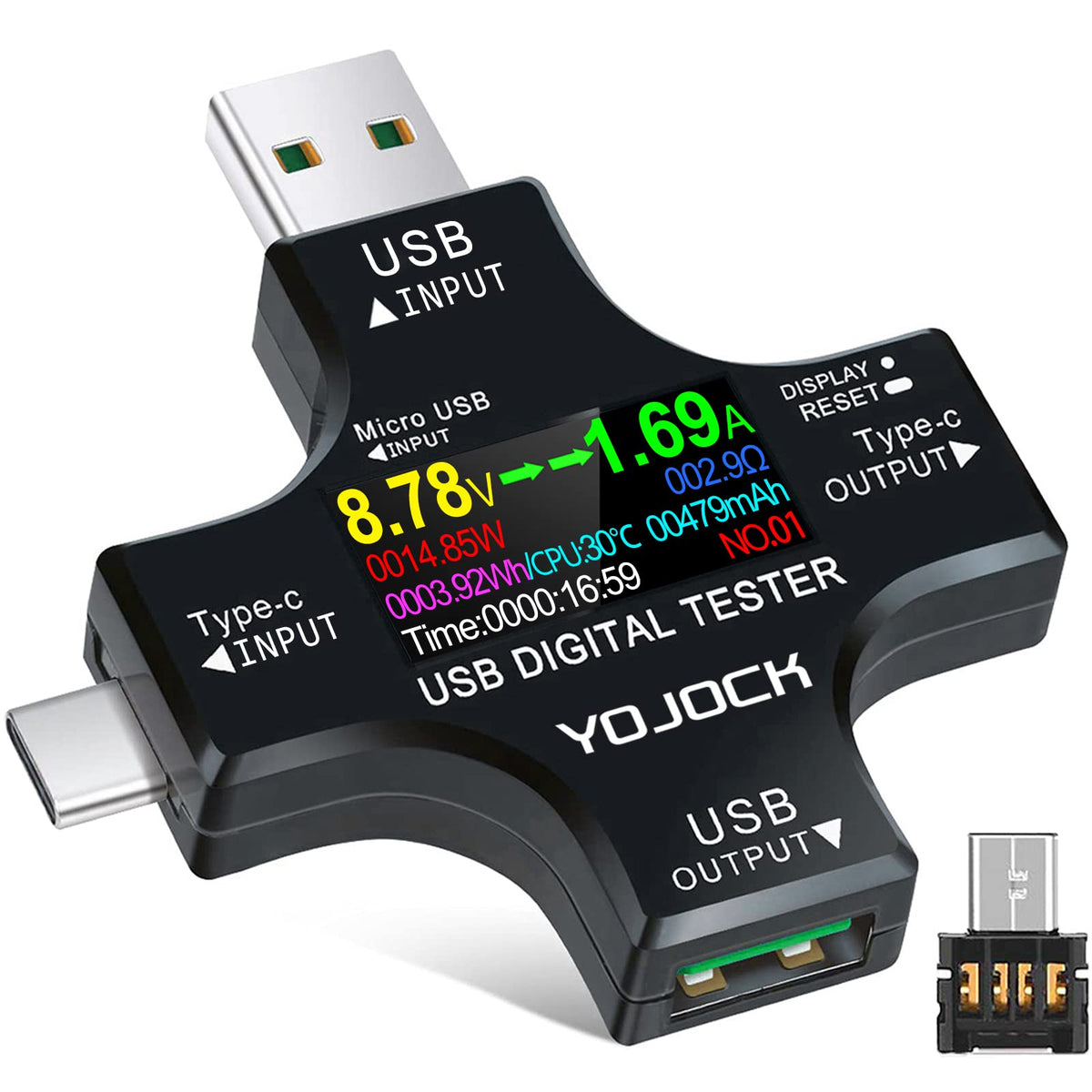 YOJOCK USB C Tester display shows voltage, current and power clearly