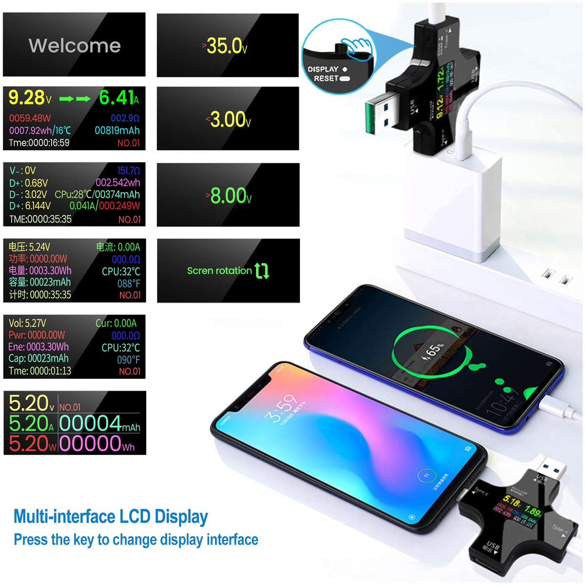 YOJOCK USB C Tester IPS screen for quick data checks during charging