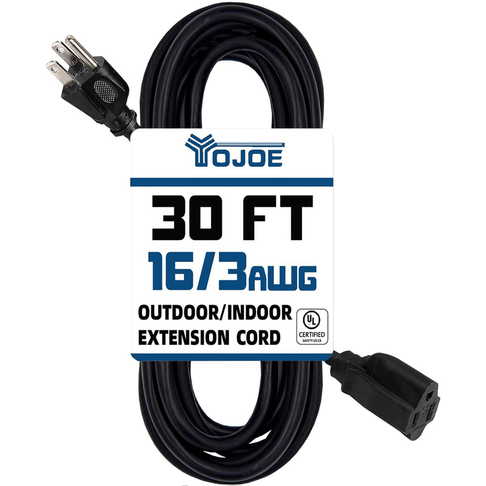 YOJOE 30 ft extension cord with 3-prong plug for versatile indoor and outdoor use.