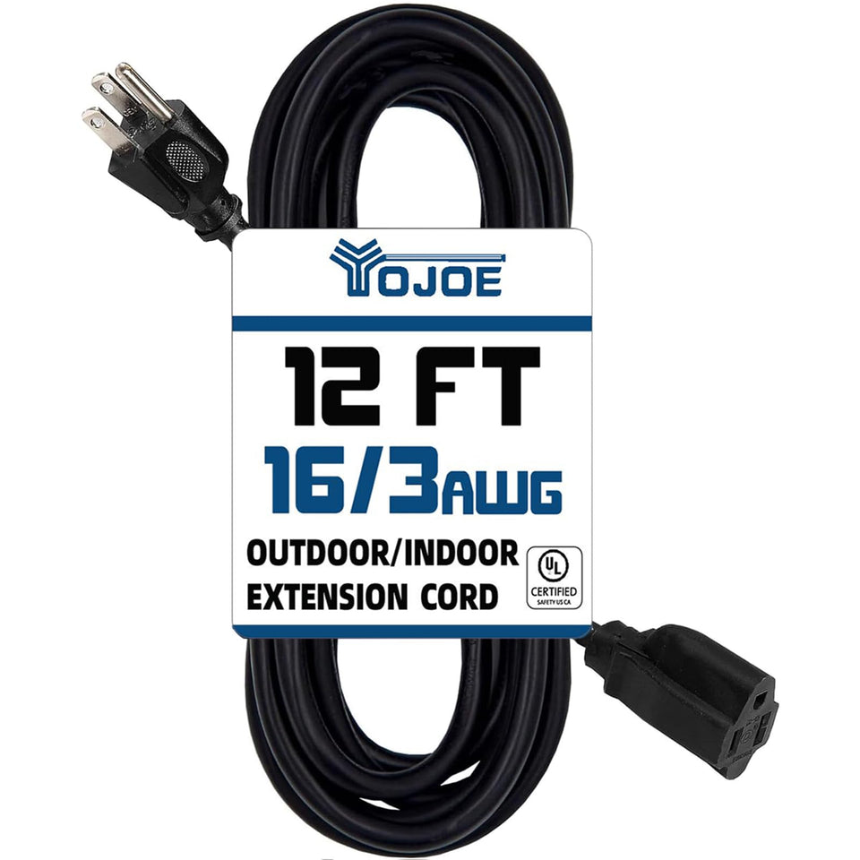 YOJOE 12ft black indoor-outdoor extension cord for versatile home and yard power.