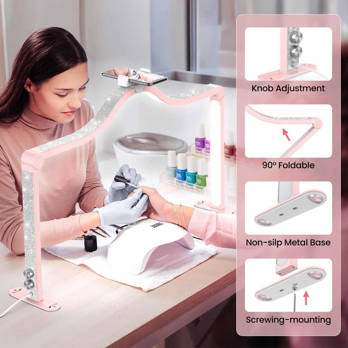 Yokilly Arc Half Moon Light built-in phone holder for recording nail art.