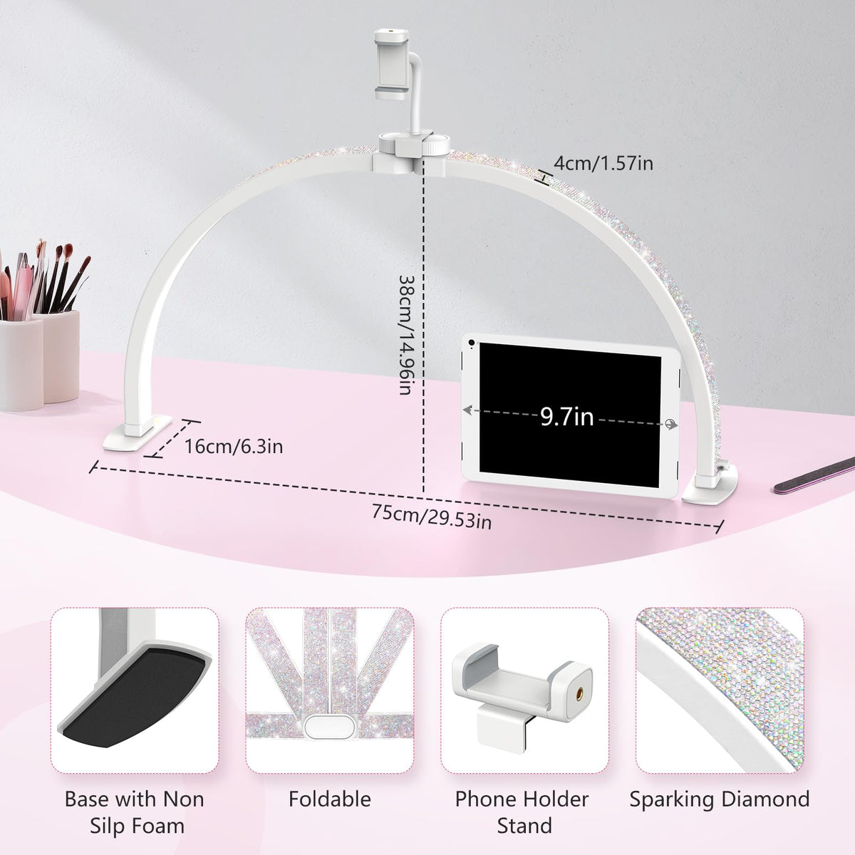 Yokilly Half Moon Light features a 360-degree rotating phone holder for streaming.