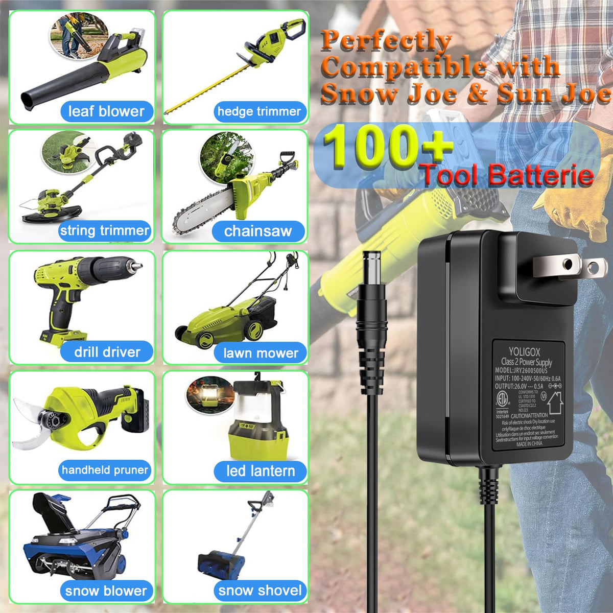 YOLIGOX 24V charger with 5ft power cord for flexible setup.