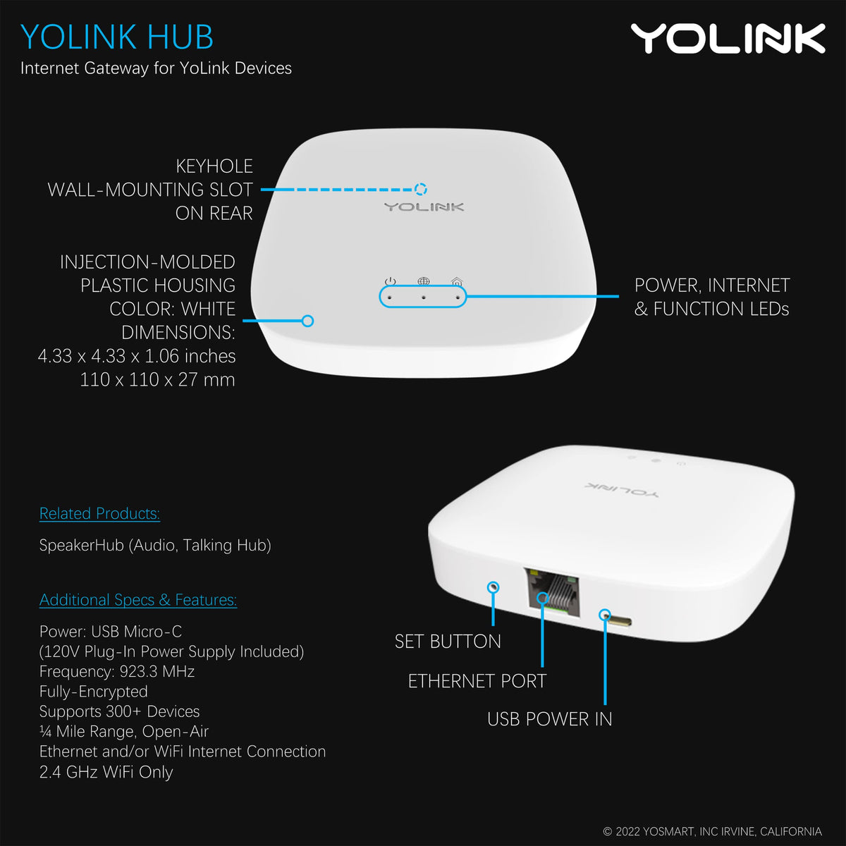 YoLink Hub front view shows a sleek white device for discreet home integration.