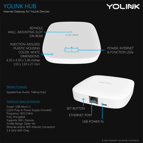 YoLink Hub front view shows a sleek white device for discreet home integration.
