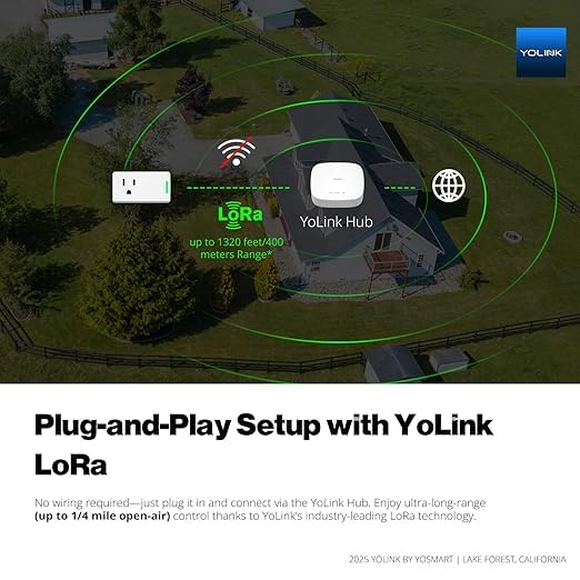 YoLink Hub with plug connection demonstrates long-range LoRa control.