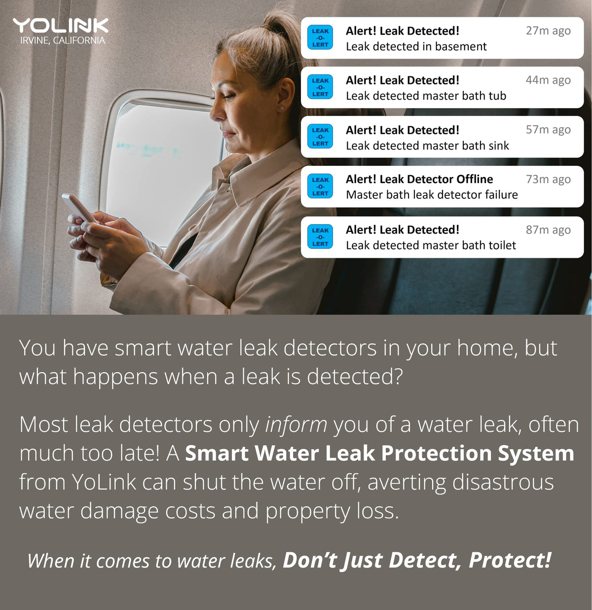 YoLink mobile alert example showing a leak notification