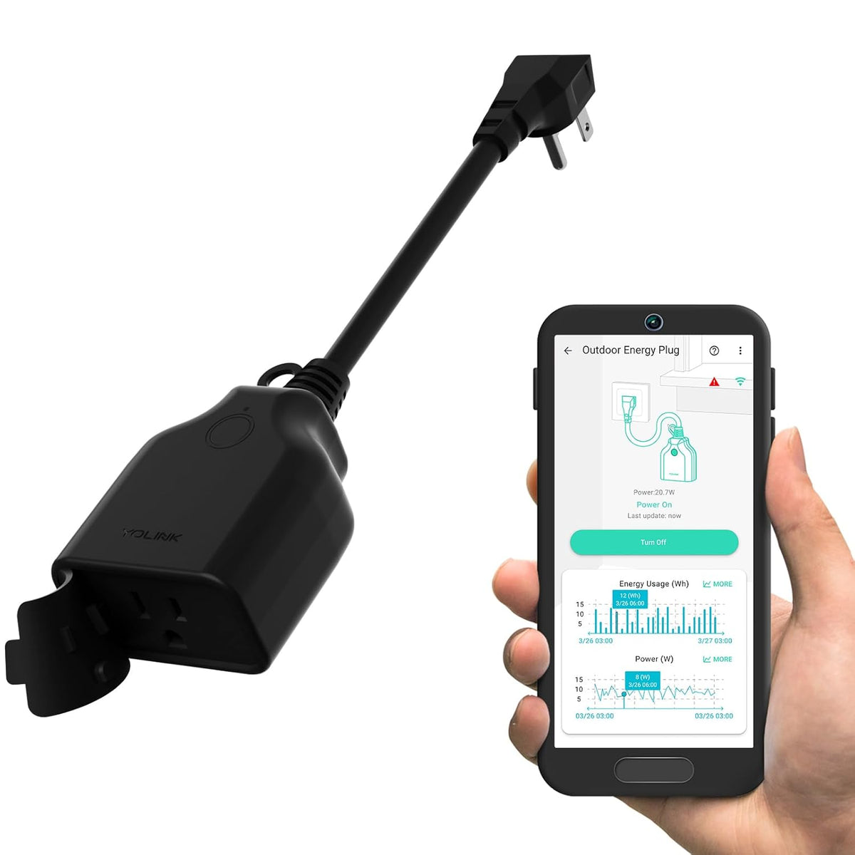 YoLink outdoor energy plug IP63 1800W powering garden equipment outdoors