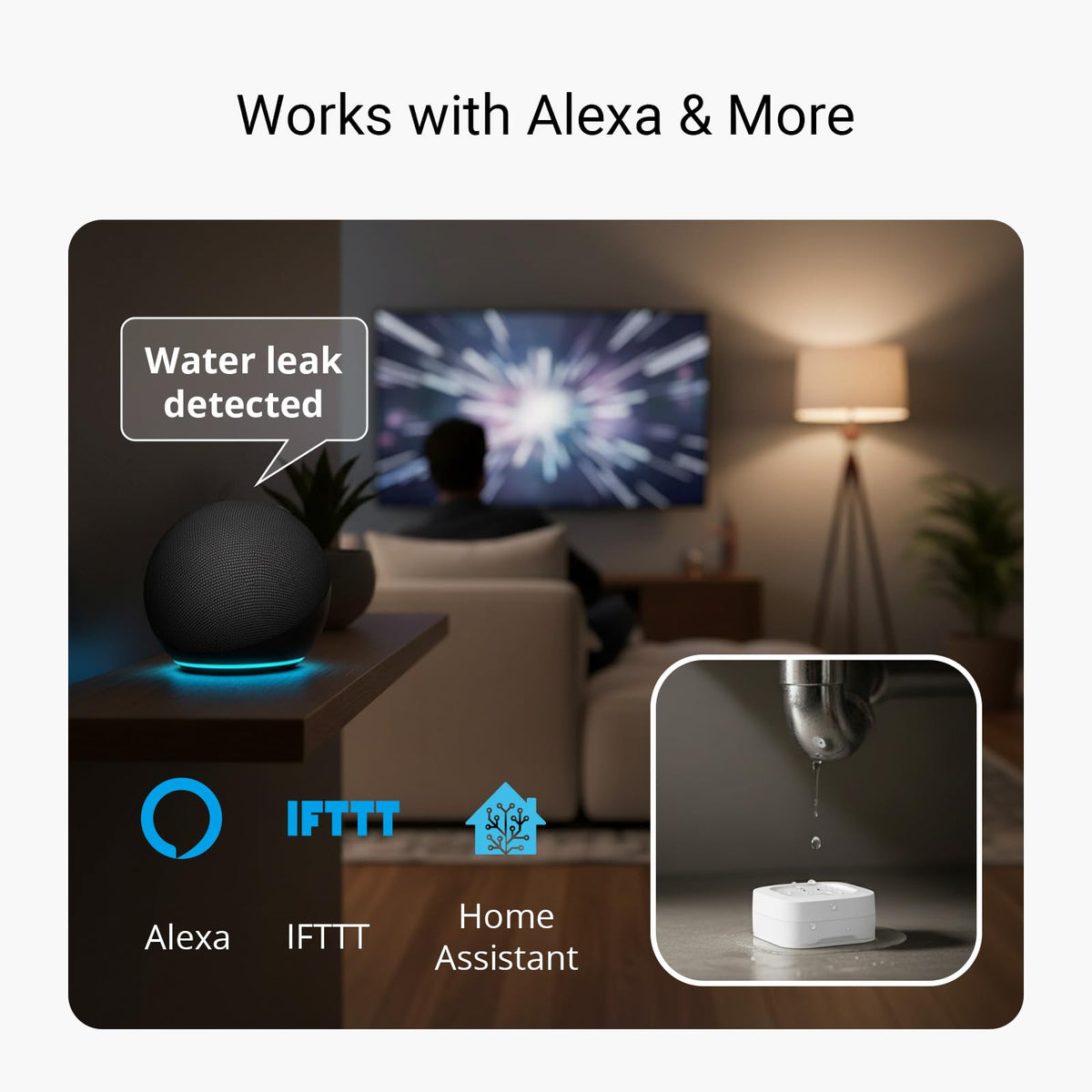 YoLink silent Leak Sensor 1 placed near a sink for discreet monitoring.