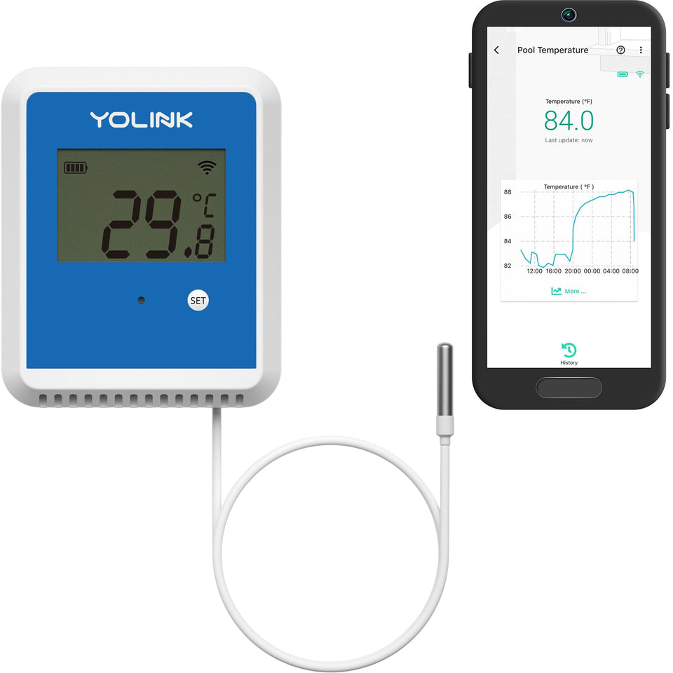 YoLink X3 outdoor temperature probe shows real-time readings for pool and spa monitoring.